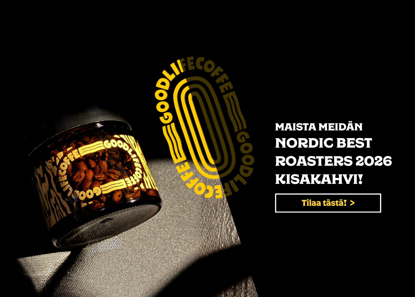 Lasipurkki jossa kahvia. Maista meidän Nordic Best Roasters 2026 kahvi